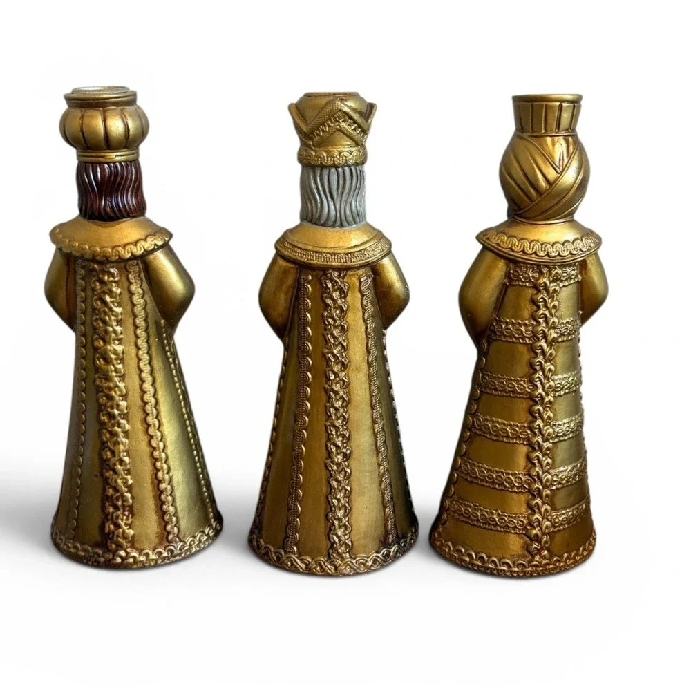 Vintage 9 Inch Papier Mache 3 Kings Candle Holder Set Gold Wise Men Japan JC-217